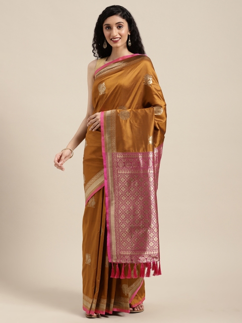 

VASTRANAND Mustard Yellow & Silver-Toned Silk Blend Woven Design Banarasi Saree