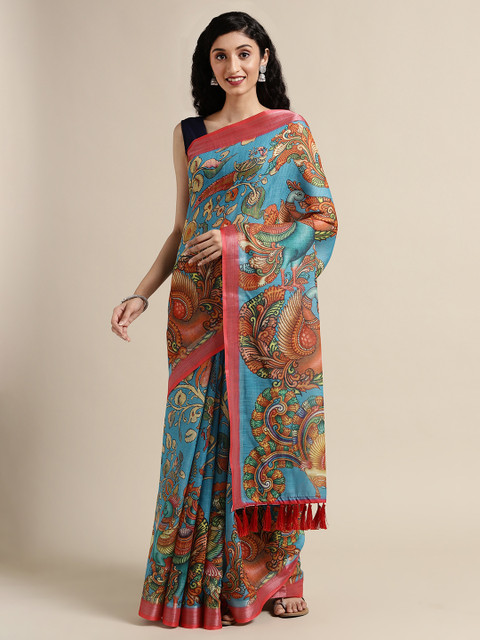 

VASTRANAND Blue & Orange Linen Blend Printed Saree