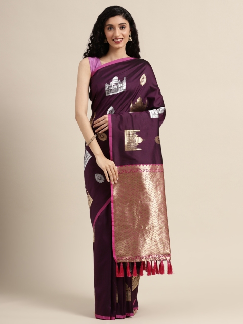 

VASTRANAND Burgundy & Gold-Toned Silk Blend Woven Design Banarasi Saree
