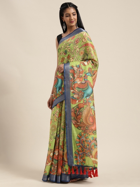 

VASTRANAND Lime Green & Orange Linen Blend Kalamkari Printed Saree
