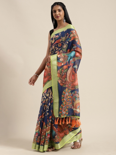 

VASTRANAND Navy Blue & Rust Orange Linen Blend Kalamkari Printed Saree