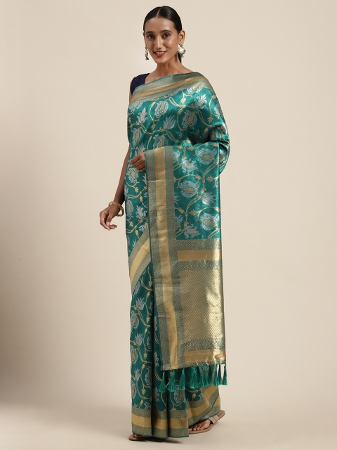 

VASTRANAND Teal & Gold-Toned Silk Blend Woven Design Banarasi Saree