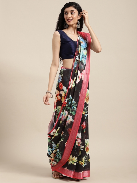 

VASTRANAND Black & Pink Linen Blend Floral Printed Saree