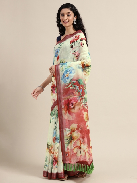 

VASTRANAND Cream-Coloured & Red Linen Blend Printed Saree