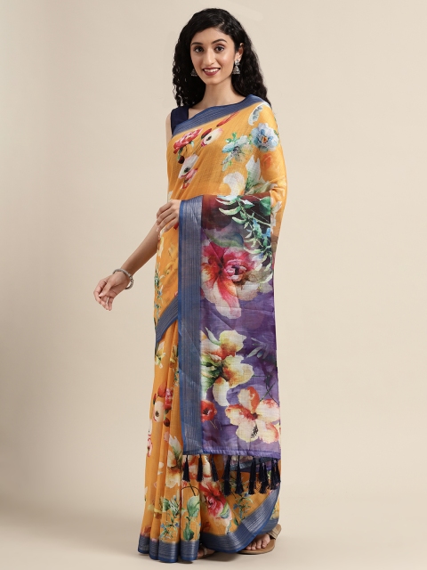 

VASTRANAND Orange & Navy Blue Linen Blend Printed Saree