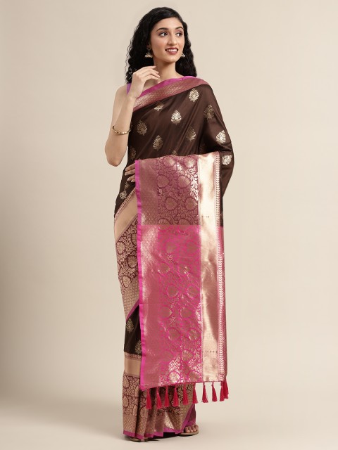 

VASTRANAND Brown & Gold-Toned Silk Blend Woven Design Banarasi Saree