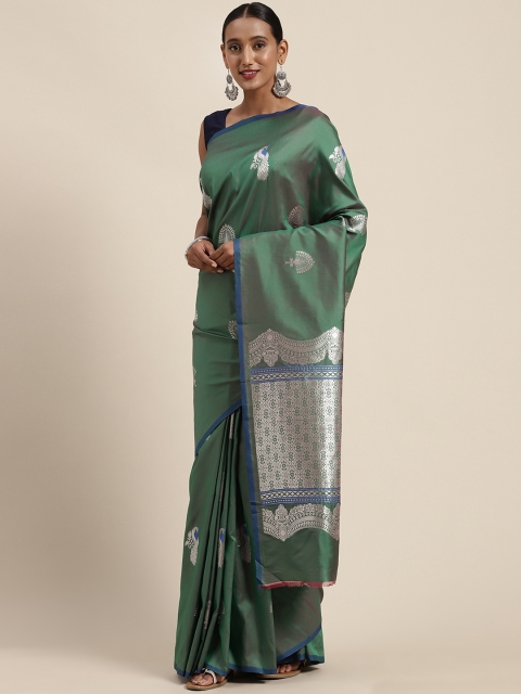 

VASTRANAND Green & Silver-Toned Woven Design Banarasi Saree