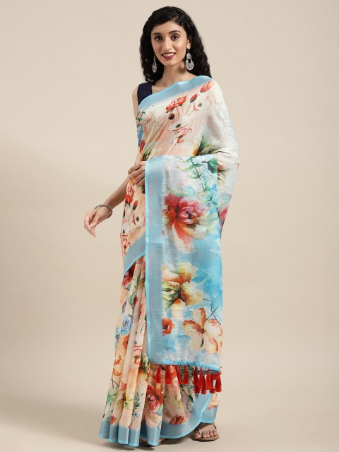 

VASTRANAND Peach-Coloured & Blue Linen Blend Floral Printed Saree