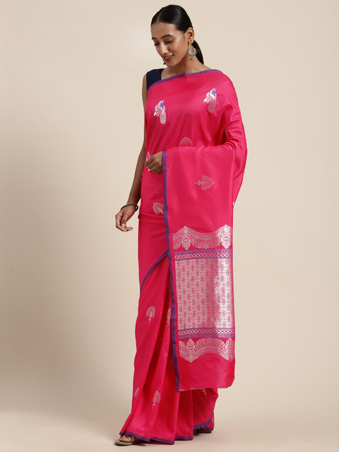 

VASTRANAND Pink & Silver-Toned Silk Blend Woven Design Banarasi Saree