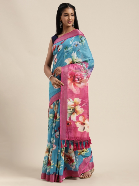 

VASTRANAND Blue & Pink Linen Blend Floral Printed Saree