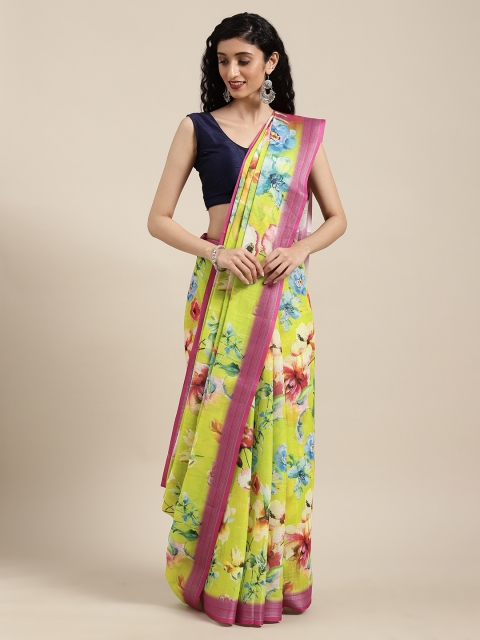 

VASTRANAND Lime Green & Pink Linen Blend Floral Printed Saree