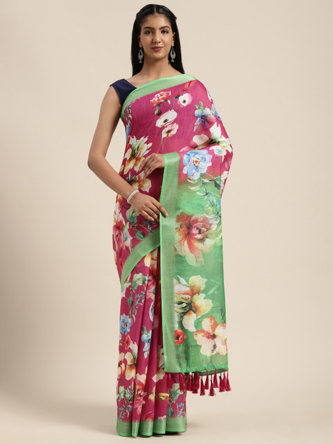 

VASTRANAND Pink & Green Linen Blend Floral Printed Saree