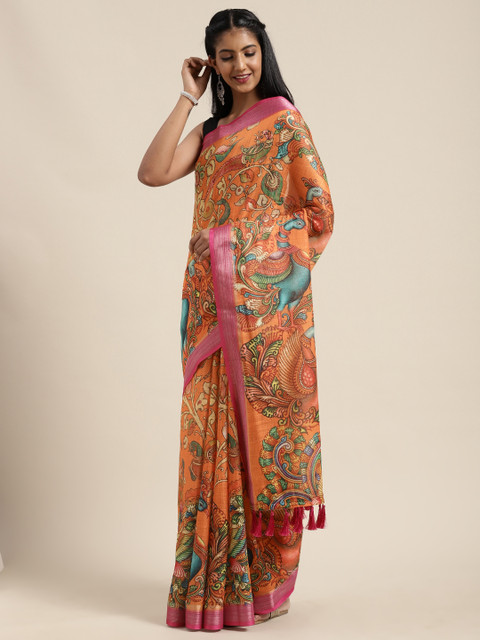 

VASTRANAND Coral Orange & Green Linen Blend Kalamkari Printed Saree
