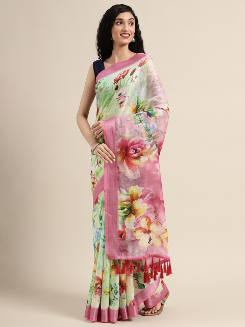

VASTRANAND Lime Green & Pink Linen Blend Printed Saree