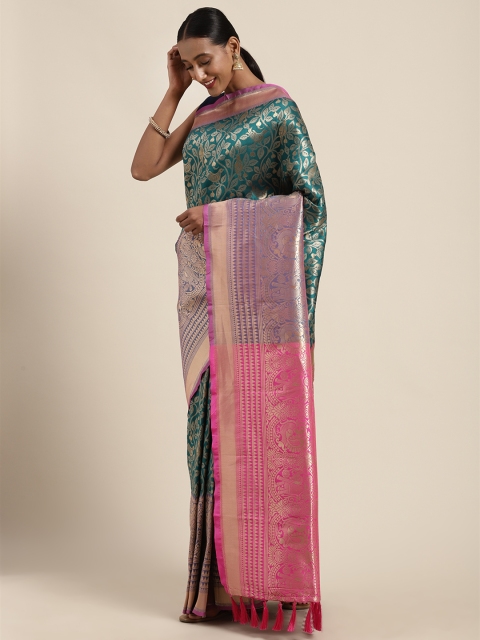 

VASTRANAND Green & Gold-Toned Silk Blend Woven Design Banarasi Saree