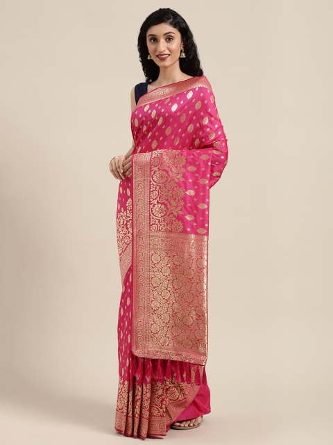 

VASTRANAND Pink & Golden Silk Blend Woven Design Banarasi Saree