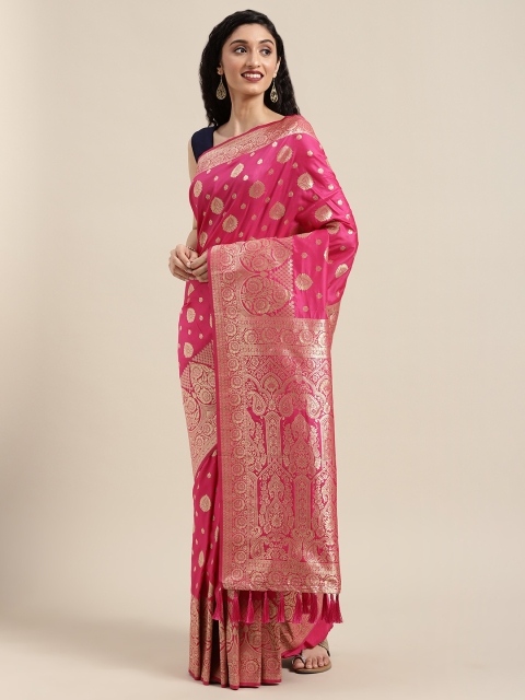 

VASTRANAND Pink & Golden Silk Blend Woven Design Banarasi Saree