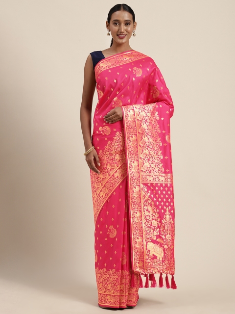 

VASTRANAND Pink & Golden Silk Blend Woven Design Banarasi Saree