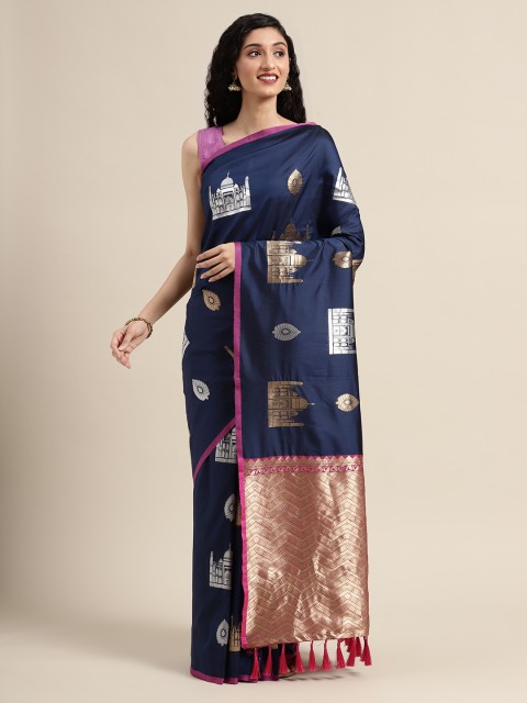 

VASTRANAND Navy Blue & Gold-Toned Silk Blend Woven Design Banarasi Saree