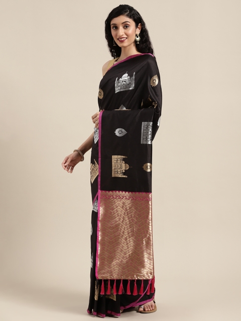 

VASTRANAND Black & Golden Silk Blend Woven Design Banarasi Saree