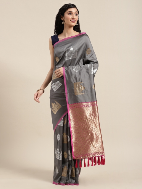 

VASTRANAND Grey & Golden Silk Blend Woven Design Banarasi Saree