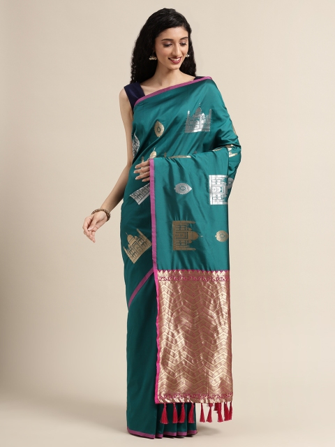 

VASTRANAND Teal Green Silk Blend Woven Design Banarasi Saree