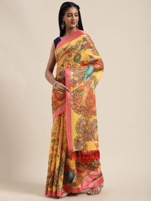 

VASTRANAND Yellow & Rust Orange Linen Blend Kalamkari Printed Saree