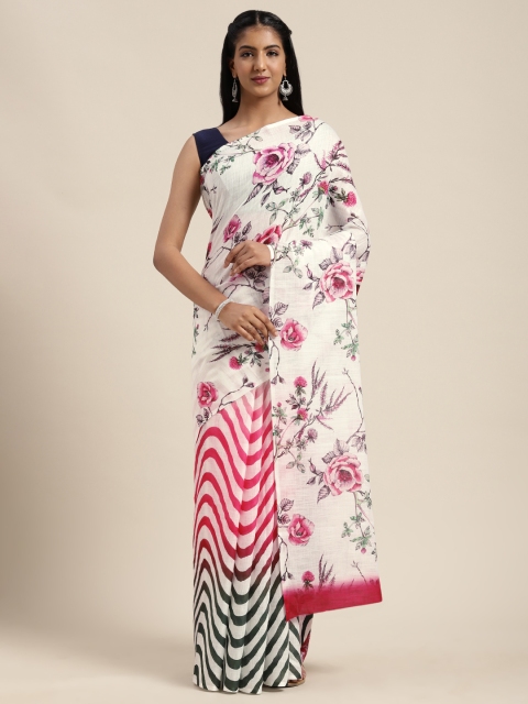 

VASTRANAND White & Pink Linen Blend Floral Printed Ikat Half and Half Saree