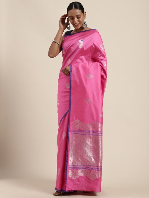 

VASTRANAND Rose & Silver-Toned Woven Design Banarasi Saree