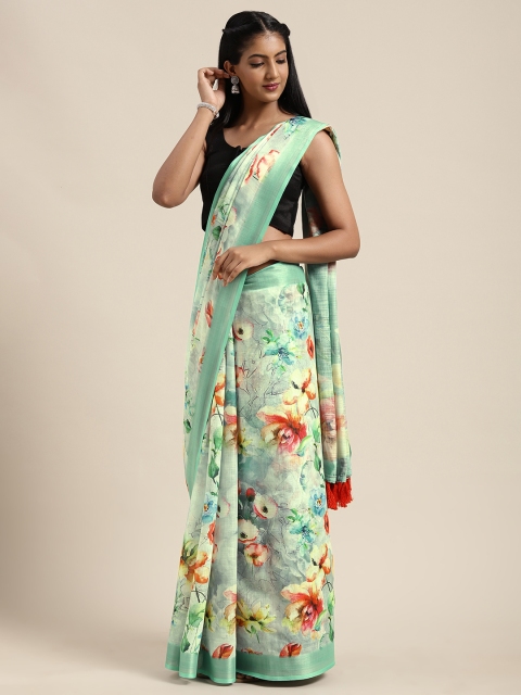

VASTRANAND Green & Grey Linen Blend Printed Saree