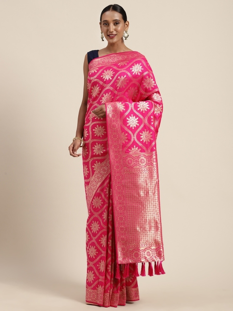

VASTRANAND Pink & Gold-Toned Silk Blend Woven Design Banarasi Saree