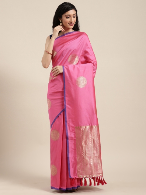 

VASTRANAND Pink & Golden Silk Blend Woven Design Banarasi Saree