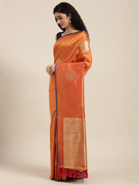 

VASTRANAND Orange & Golden Silk Blend Woven Design Banarasi Saree