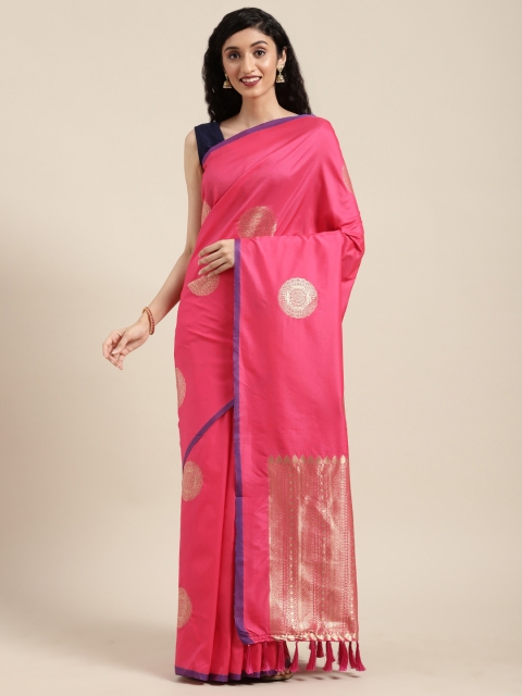 

VASTRANAND Pink & Golden Silk Blend Woven Design Banarasi Saree