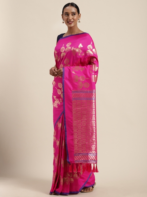 

VASTRANAND Pink & Golden Silk Blend Woven Design Banarasi Saree