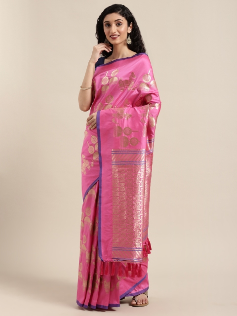 

VASTRANAND Pink & Golden Silk Blend Woven Design Banarasi Saree