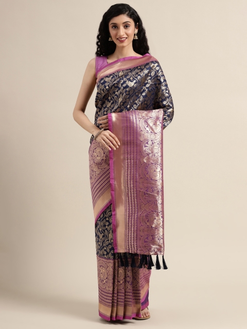 

VASTRANAND Navy Blue & Gold-Toned Silk Blend Woven Design Banarasi Saree