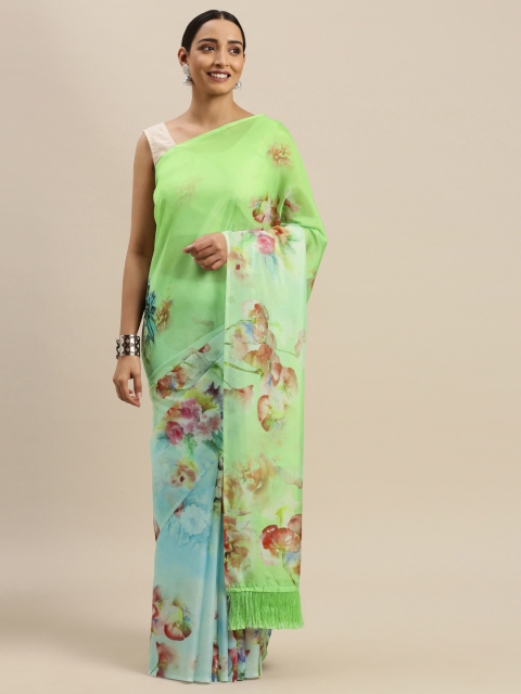 

VASTRANAND Green & Blue Pure Silk Floral Printed Saree