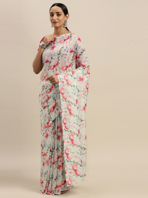 

VASTRANAND Off-White & Pink Pure Silk Floral Printed Sequinned Saree