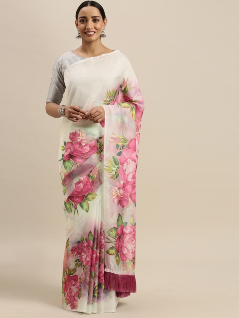 

VASTRANAND White & Pink Pure Silk Floral Printed Saree