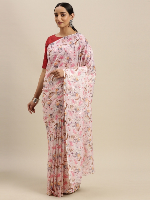 

VASTRANAND Pink Printed Pure Silk Floral Printed Sequinned Saree