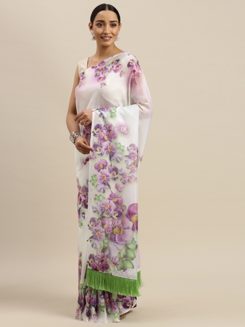 

VASTRANAND White & Purple Pure Silk Printed Saree
