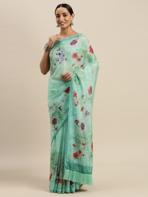 

VASTRANAND Sea Green & Pink Pure Silk Floral Printed Saree