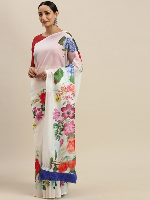 

VASTRANAND White & Pink Pure Silk Floral Printed Saree