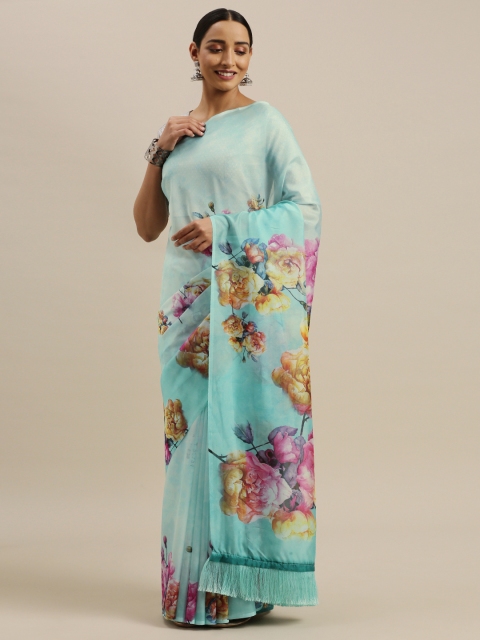 

VASTRANAND Turquoise Blue & Pink Pure Silk Floral Printed Saree