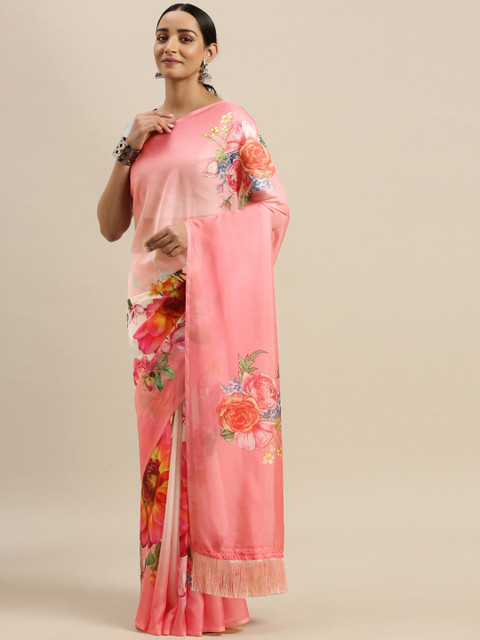 

VASTRANAND Pink Floral Printed Pure Silk Saree