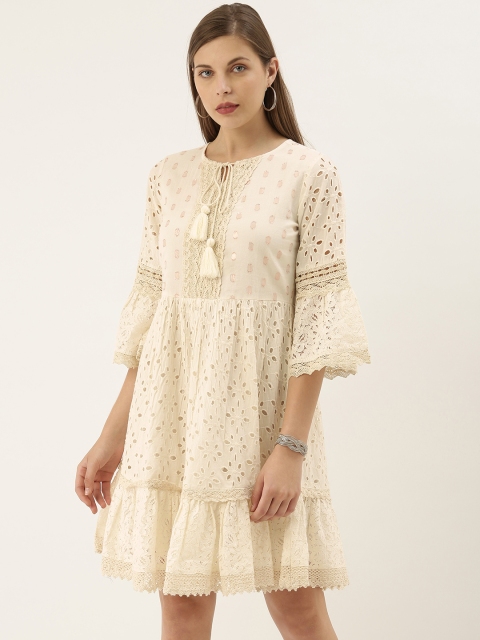 

Saanjh Women Off-White Embellished Schiffli Lace Detailed Tiered A-Line Dress