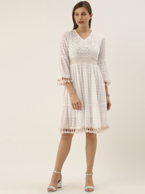 

Saanjh Women White Embroidered Tiered Tasseled Fit and Flare Dress