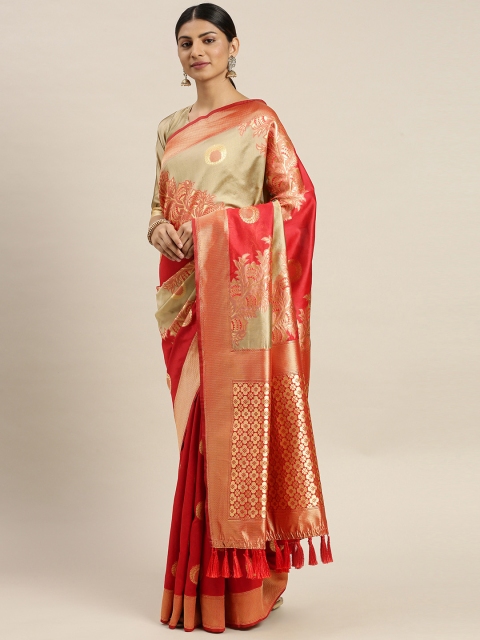 

Om Shantam Sarees Red & Grey Poly Silk Woven Design Banarasi Saree