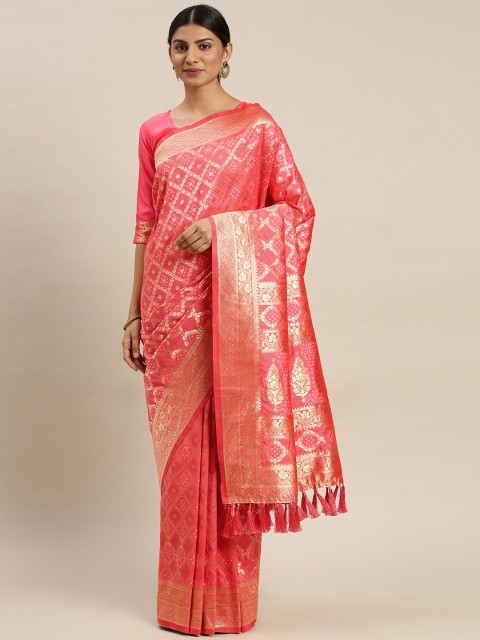 

Om Shantam Sarees Pink & Gold-Toned Poly Silk Woven Design Kanjeevaram Saree